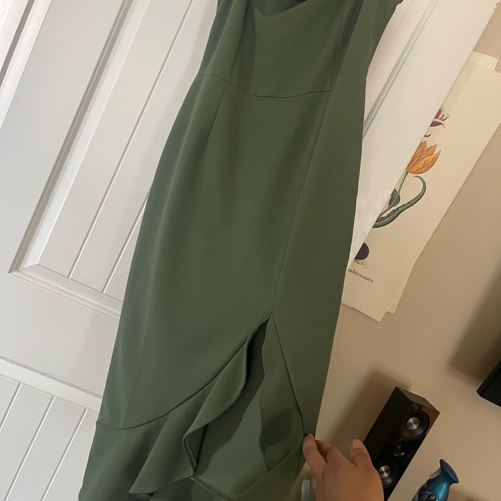 High split olive cocktail dress off shoulder: NWOT - Picture 3 of 3